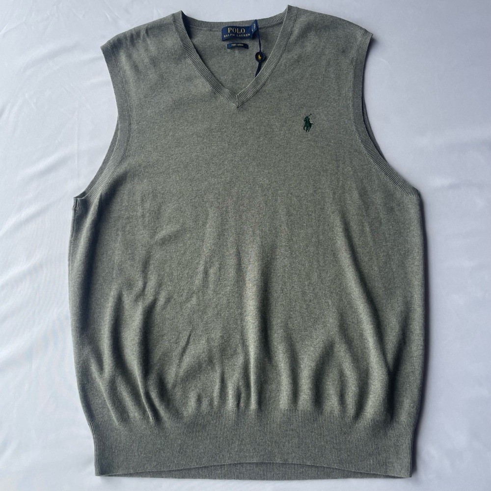 Polo Ralph Lauren V-Neck Sweater Vest Heather Gray Mens Green Pony Large Cotton